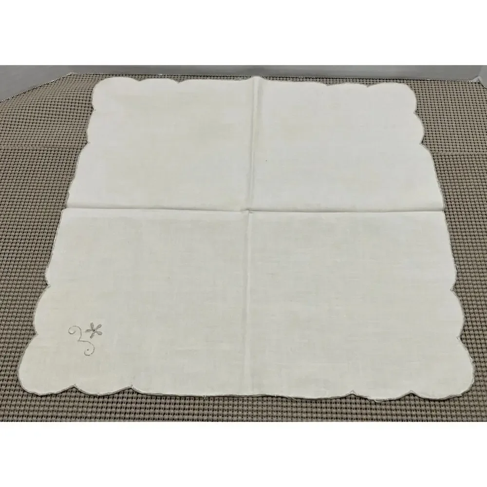 Cocktail Napkins Embroidered Scalloped Off-White Gray Silver Edge Set of 8